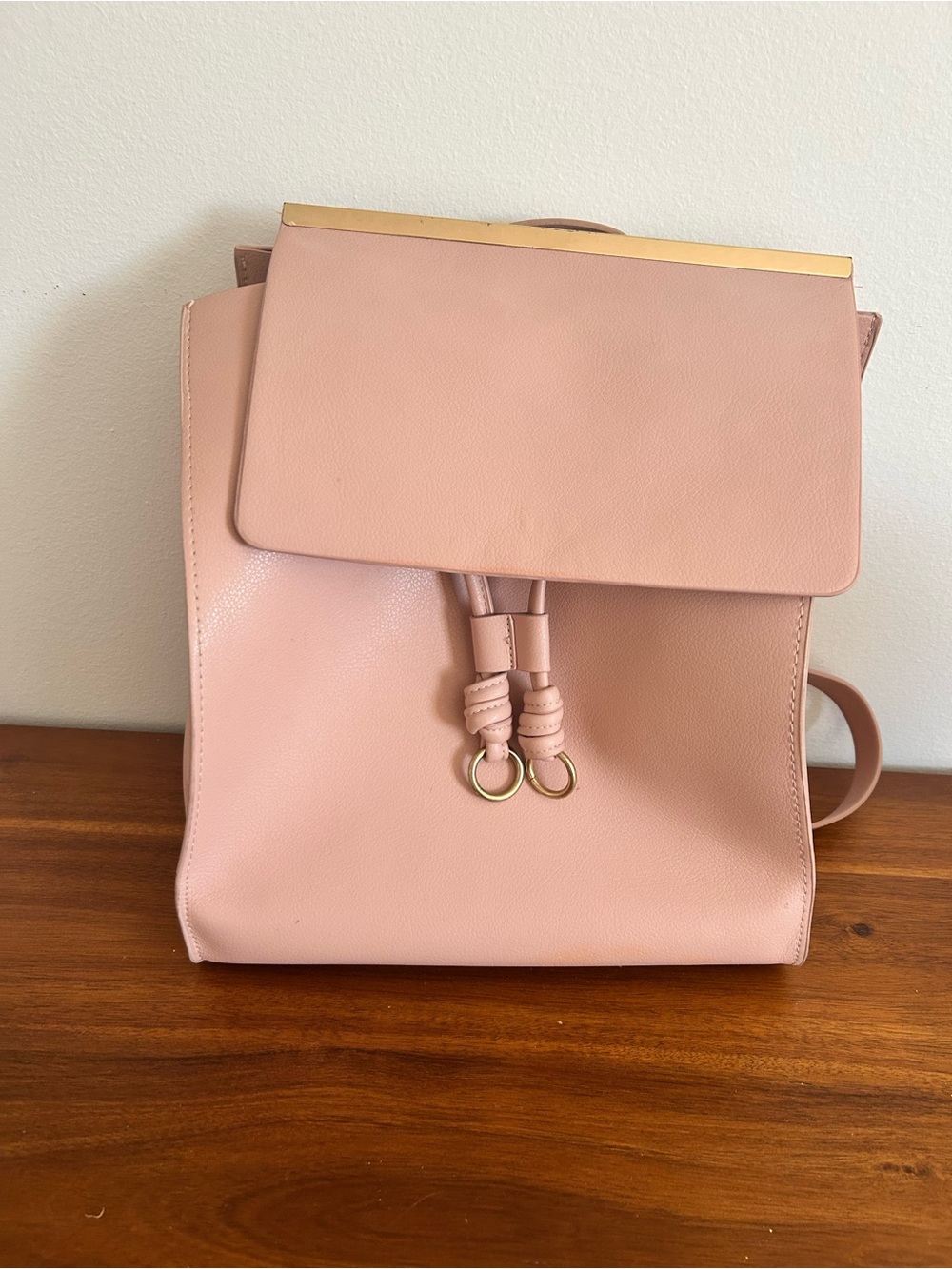 Women's Blush Pink Leather Backpack with Gold Accents